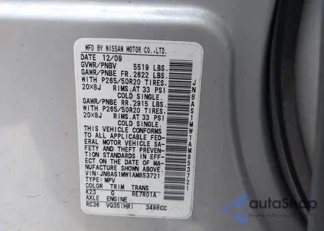 2010 Infiniti Fx35 z USA, uszkodzony, nr VIN JN8AS1MW1AM853721